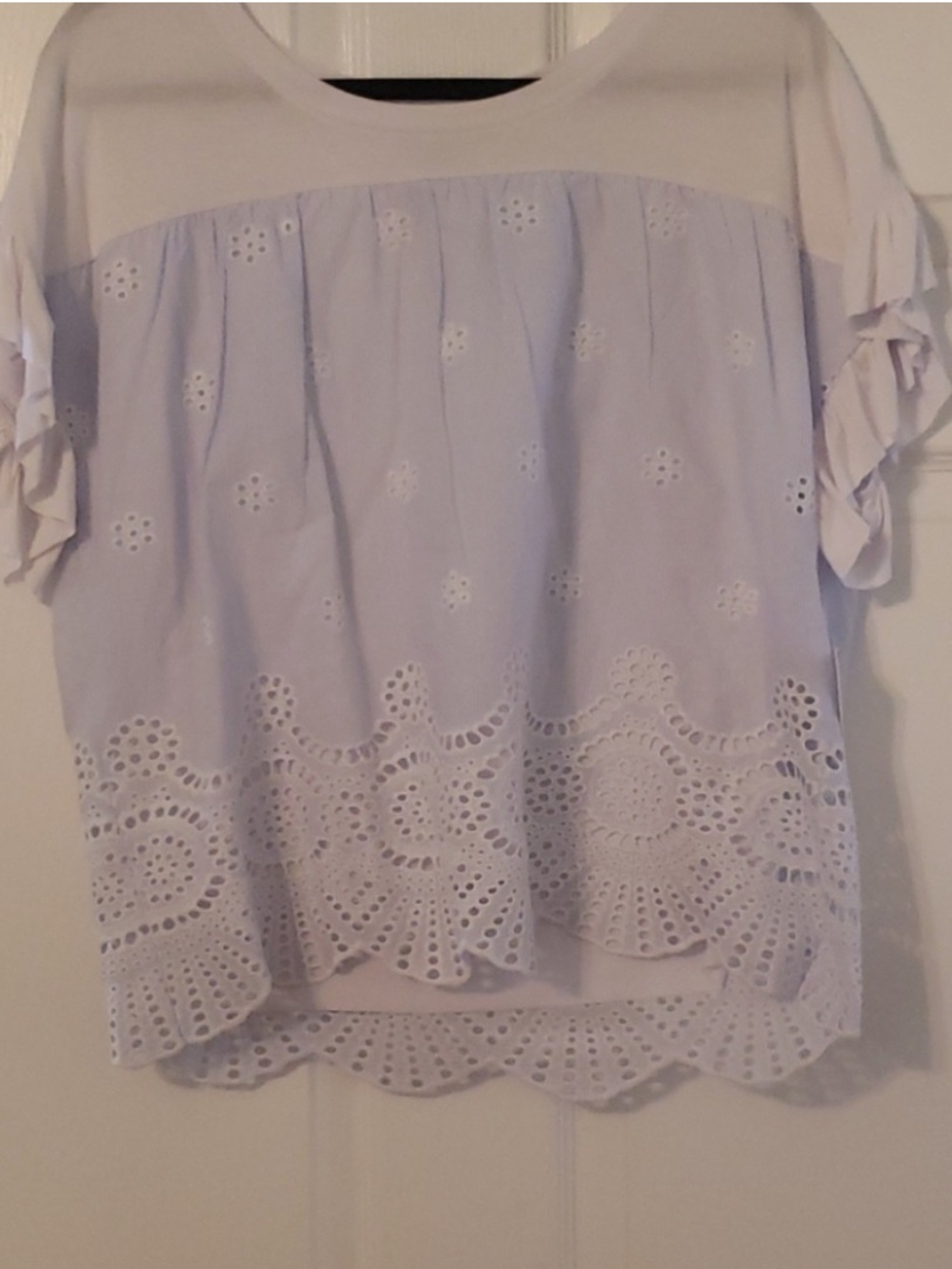 Kensie: White & Light Blue Eyelet Ruffle Sleeve Blouse